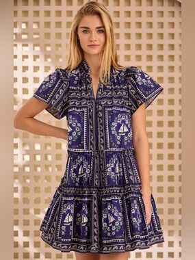 Hunter Bell NEW Merritt Dress Bon Voyage Navy Floral Sailboat Tiered Mini M